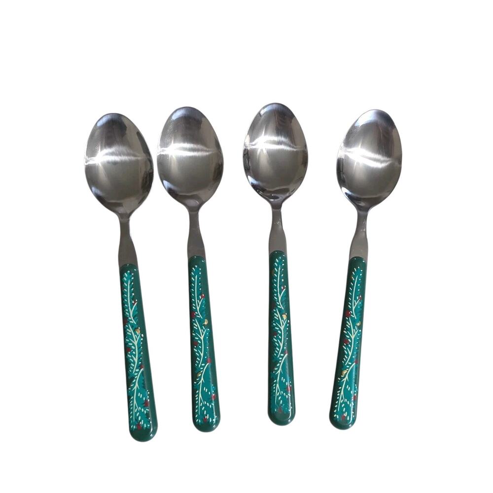 Oneida Soup Spoon Christmas Stainless Green Garland Handle Lot Of 4 Flatware Vtg